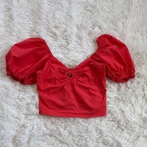 Sim & Sam Coral Pink Puff Sleeve Ring-Detail Cotton Crop Top with Smocked Back